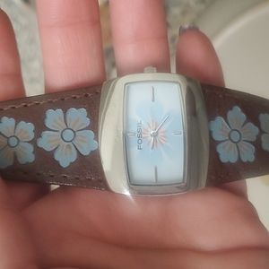 Fossil Women's Stainless Steel Watch | Blue flowers, brown genuine leather